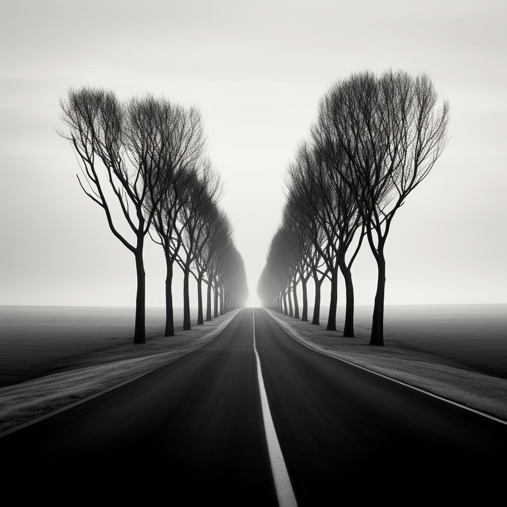 Minimalist dark trees road disappearing into the distance