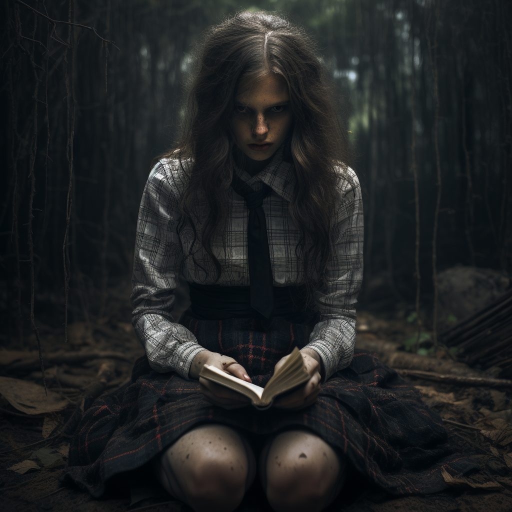 Redhead woman in dark grunge fashion with plaid skirt in dirt