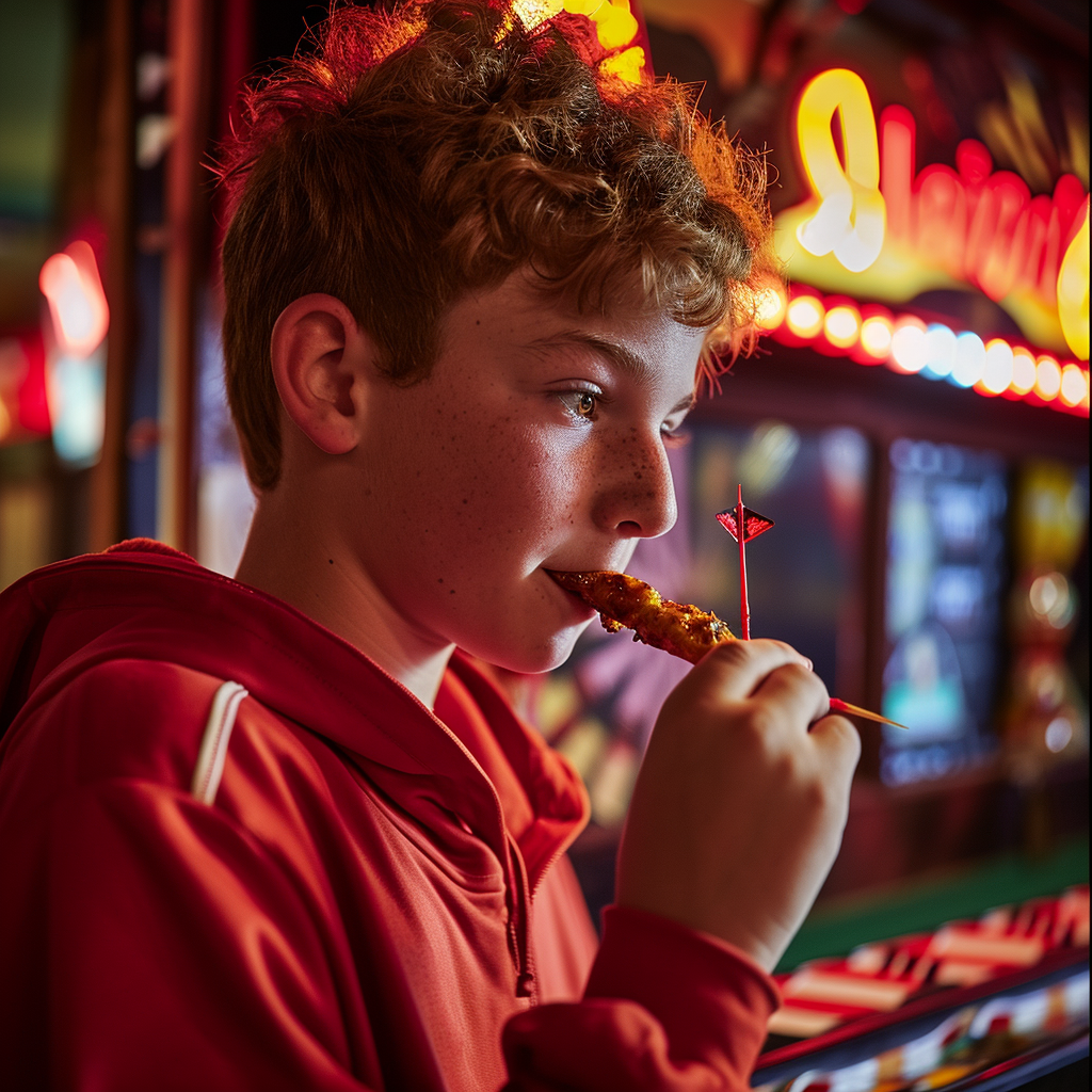 Teenage dart player enjoying a kebab