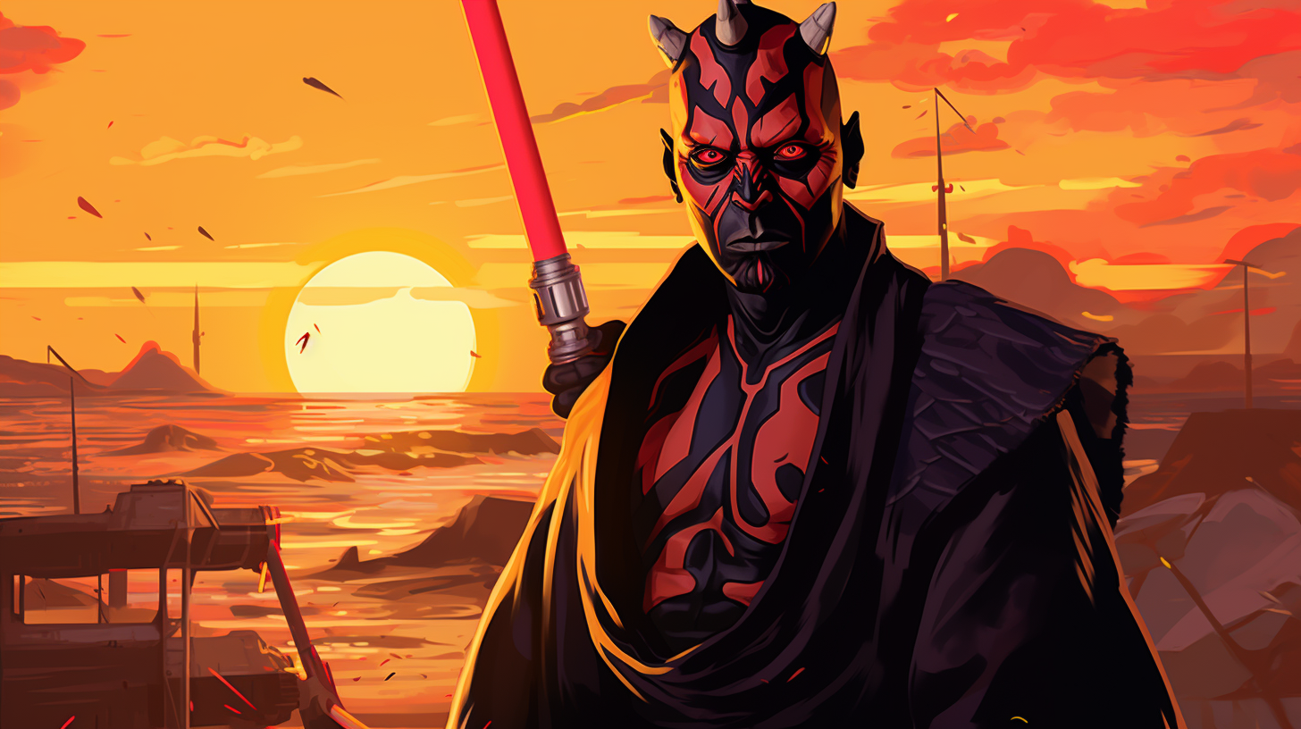 Darth Maul wielding a yellow lightsaber on Tatooine