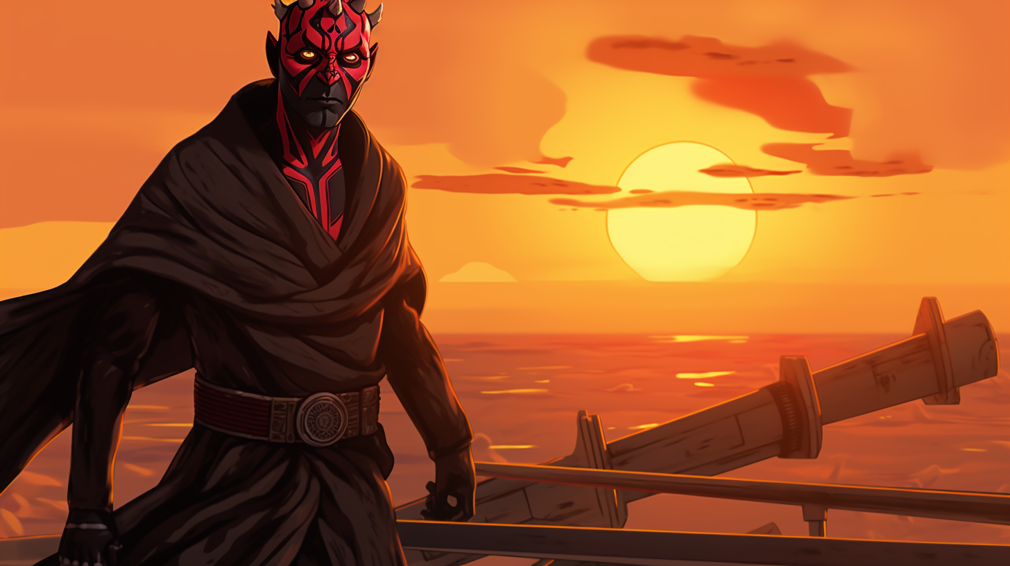 Darth Maul wielding yellow lightsaber on Tatooine