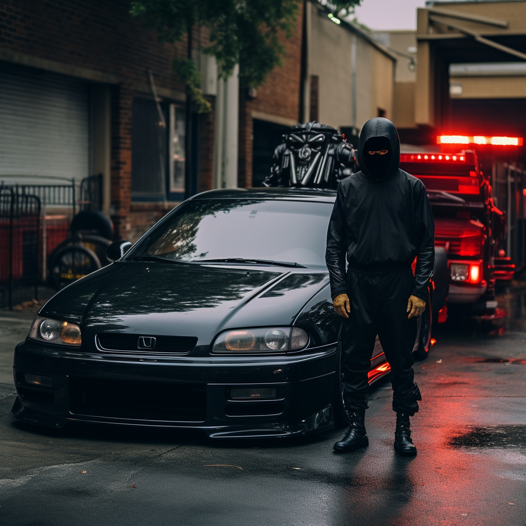 Darth Vader standing next to a black Honda Civic