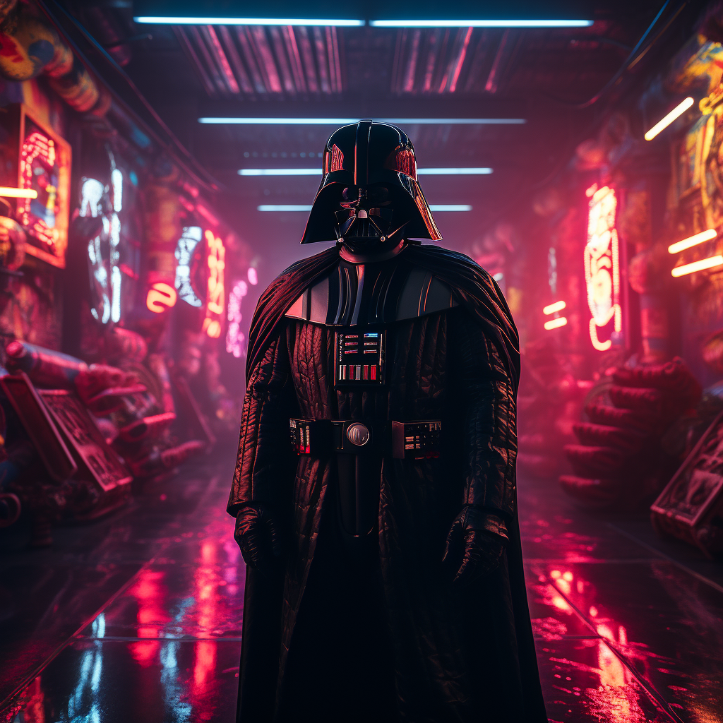 Darth Vader standing in front of neon lights