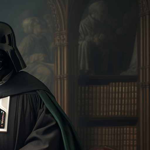 Darth Vader in Hogwarts robes before a Slytherin banner