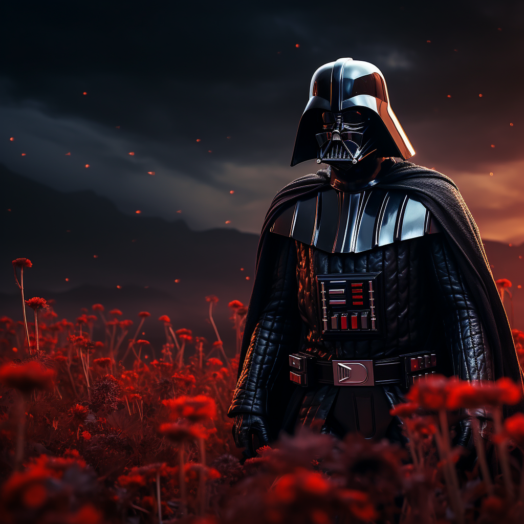 Darth Vader holding red lightsaber in flower field