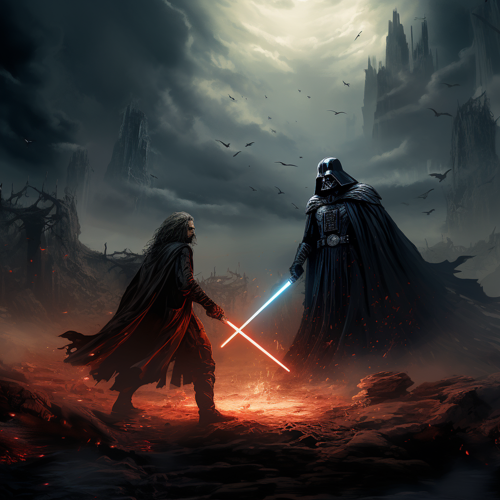 Darth Vader and Jedi engage in fierce lightsaber duel