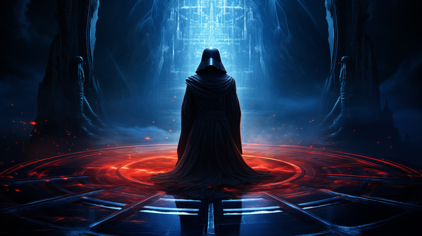 Darth Vader kneeling, Emperor Palpatine walking through portal.