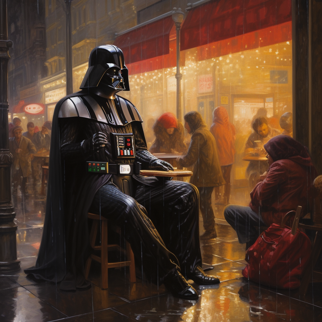 Darth Vader in Pawn Shop in Space Raining People