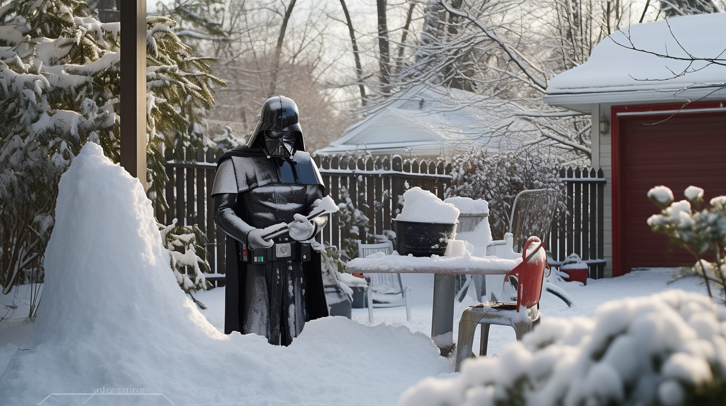 Darth Vader building snowman with Stormtrooper helmet head