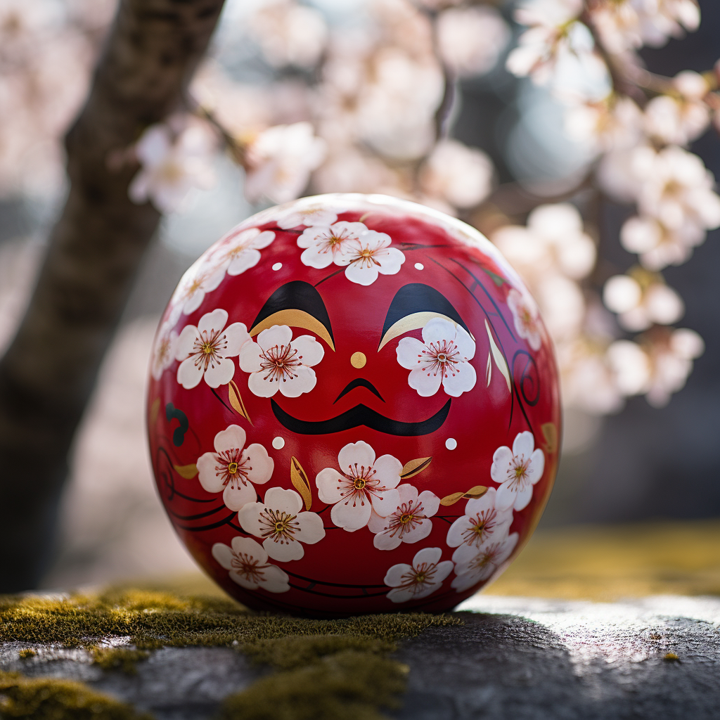 Daruma Doll surrounded by cherry blossoms