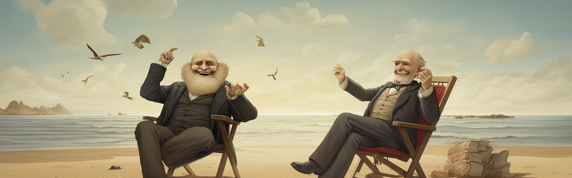 Charles Darwin and Friedrich Nietzsche laughing on a beach