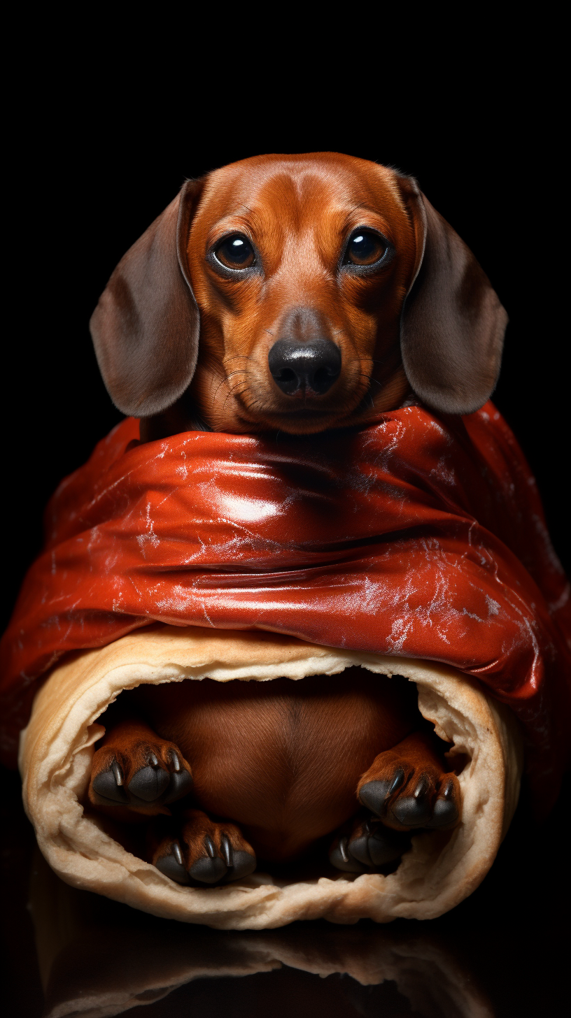 Cute daschund dog in a hotdog roll