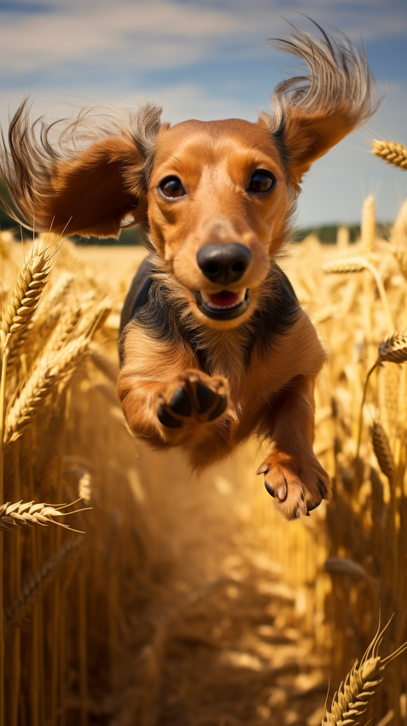 Energetic Daschund Dog Running in a Field