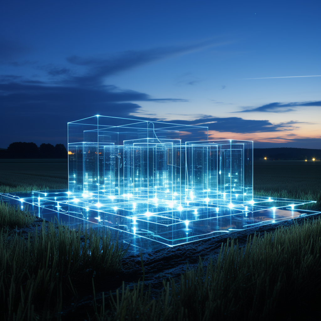 White outlined data center building with glow on blank field