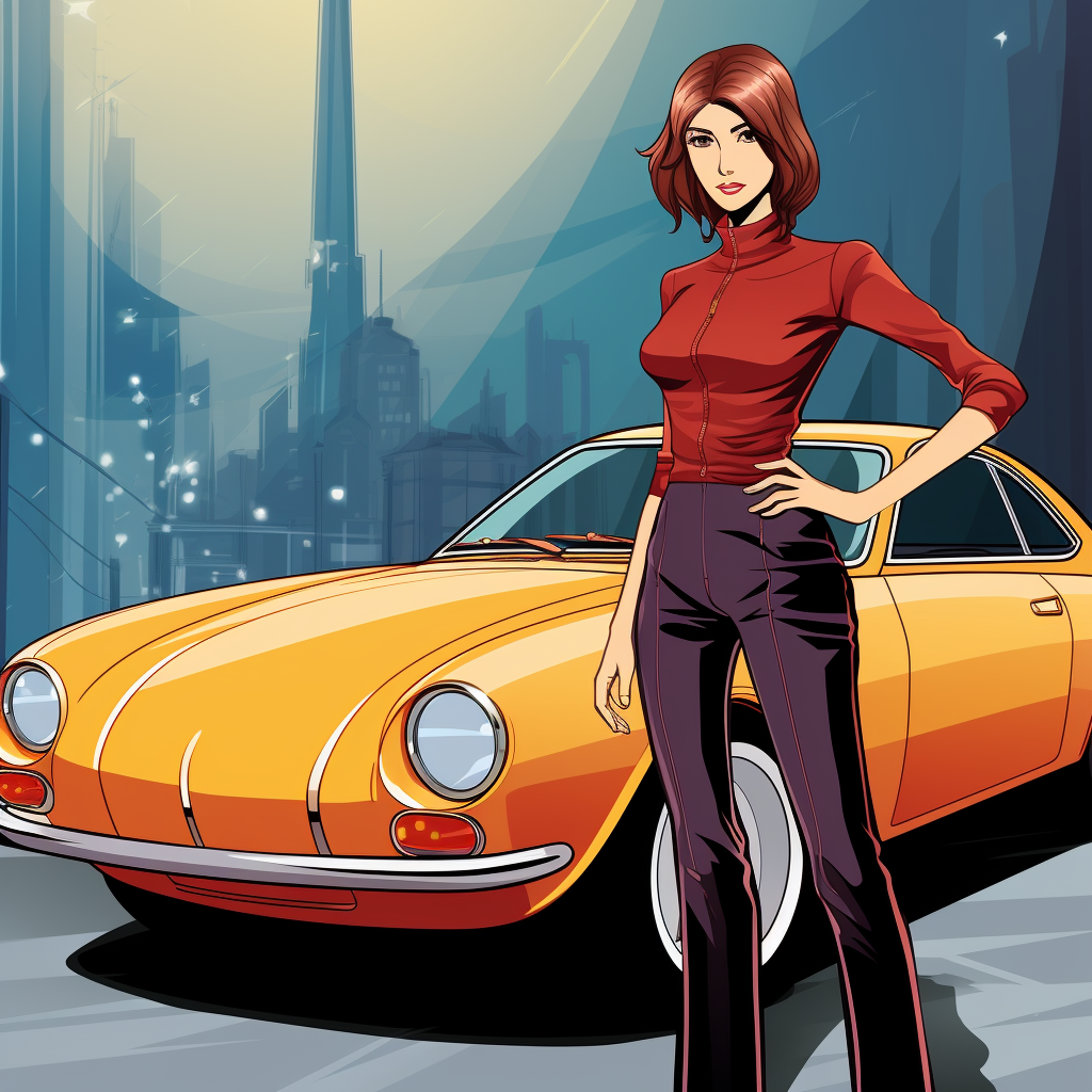 Anime-style Faye standing in front of classic Datsun Z car