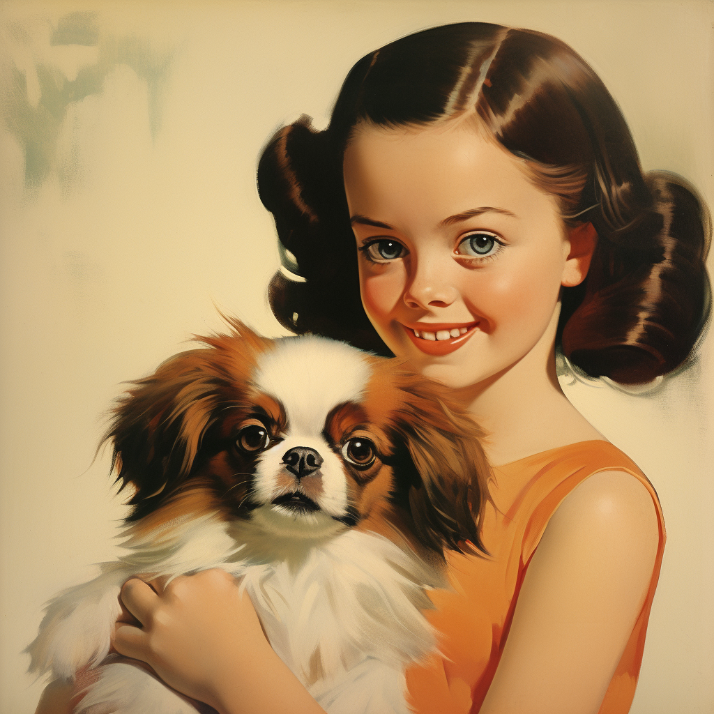 Daughter with Japanese Chin Puppy in Vintage Ad