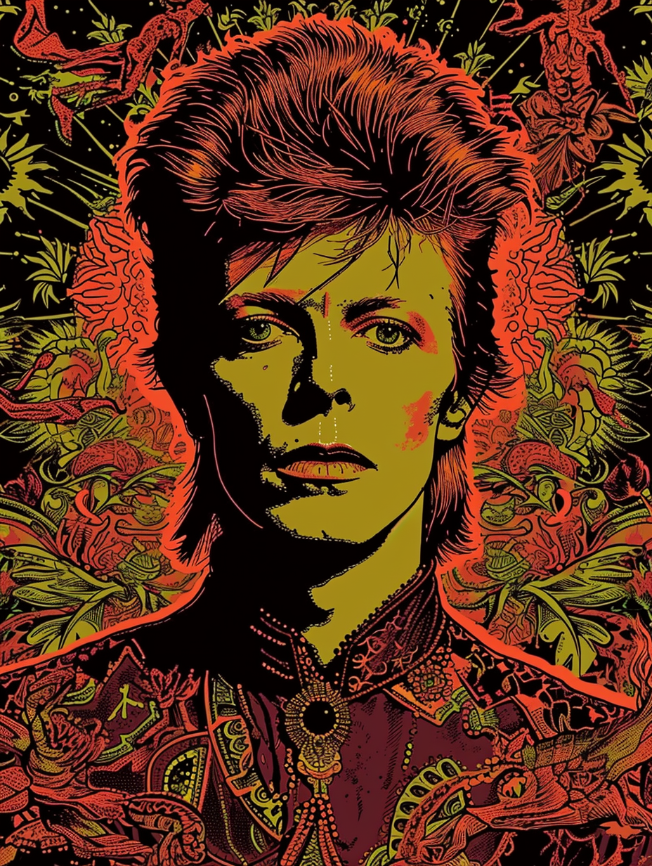 David Bowie psychedelic retro portrait by Martin Sharp and Moebius