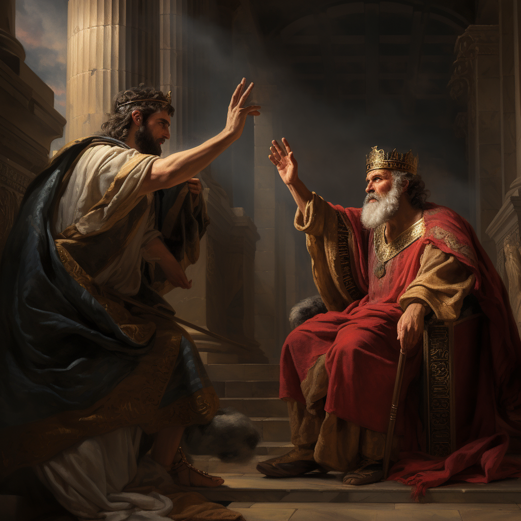 King David reprimanded by Prophet Nathan in temple