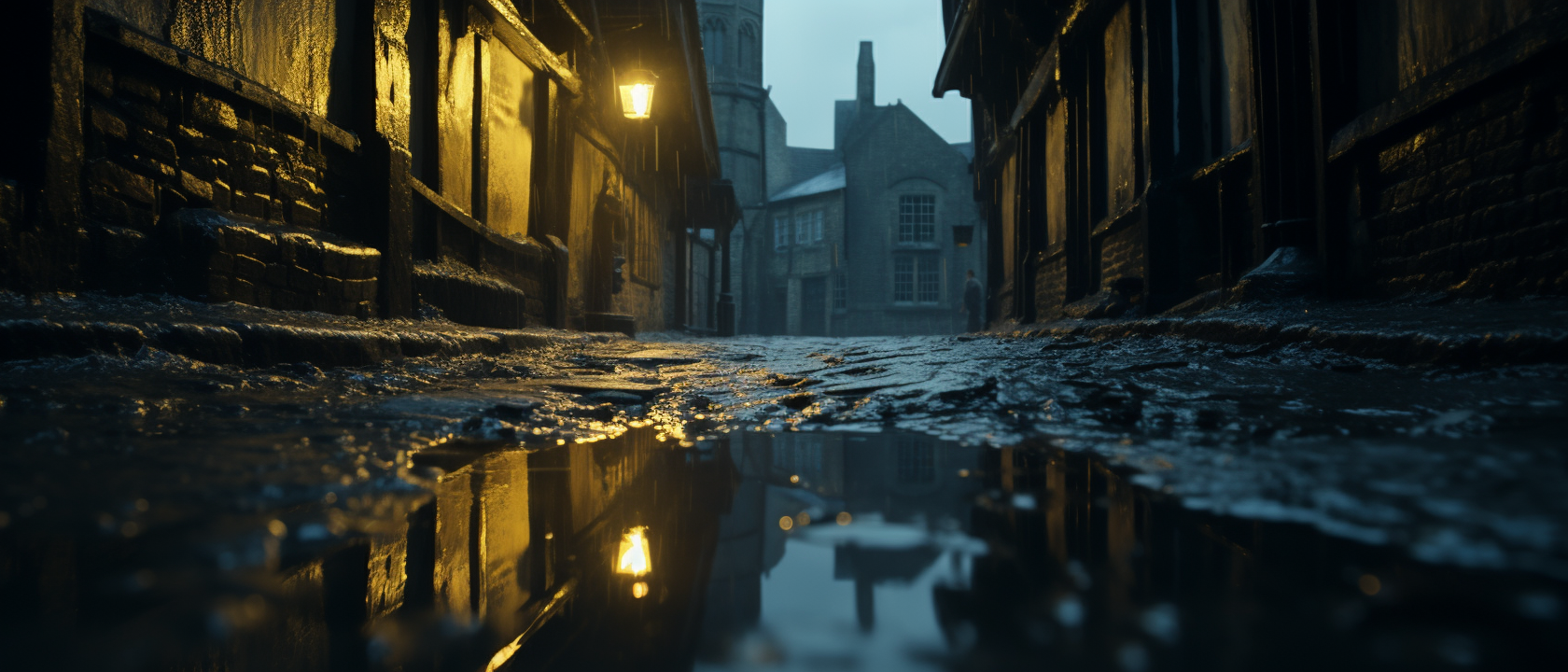 Reflection in Medieval Street during Black Plague