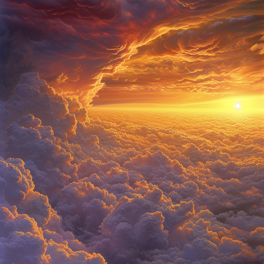 Sunset lighting above towering clouds