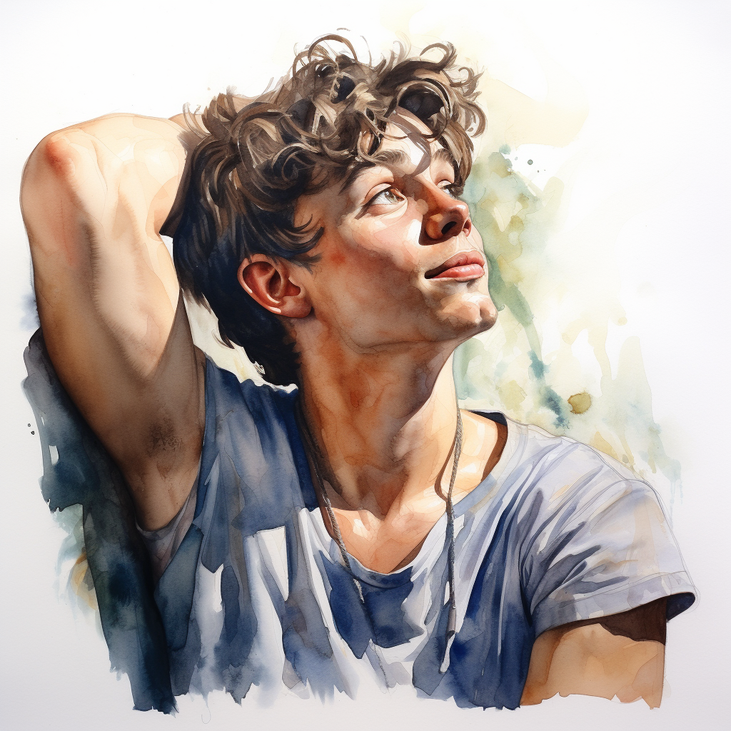 Watercolor portrait of a daydreaming young man