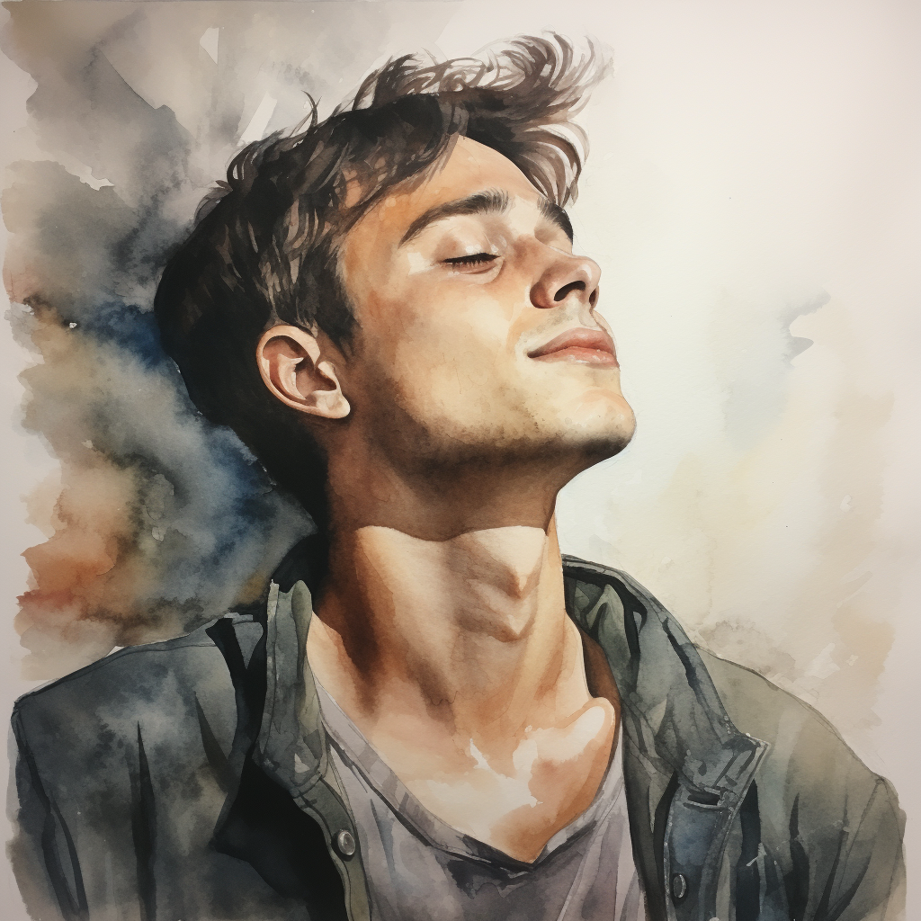 Watercolor portrait of a daydreaming young man