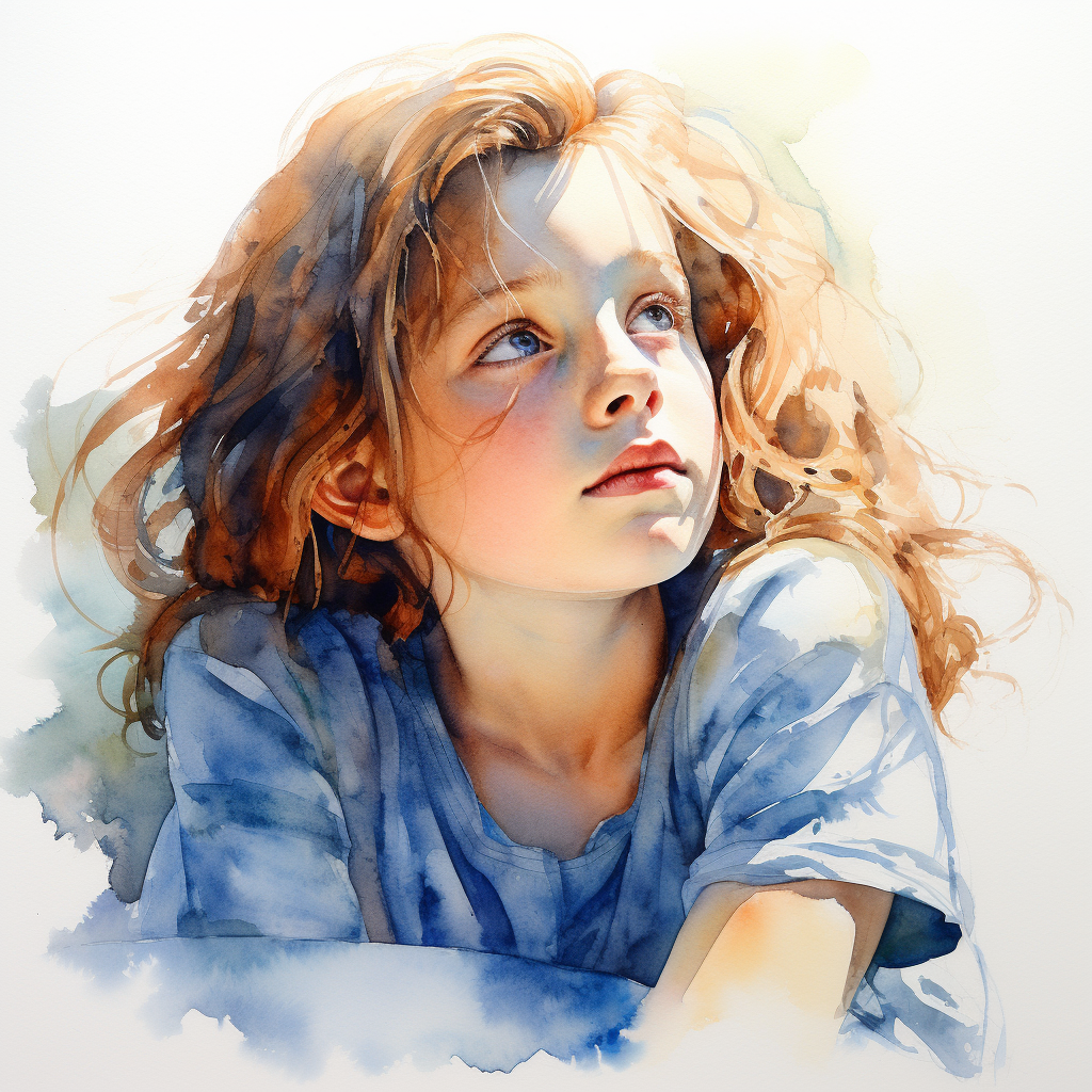 Watercolor portrait of daydreaming girl