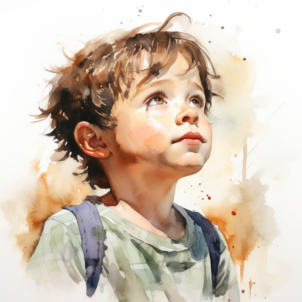 Watercolor portrait of a daydreaming kindergarten boy