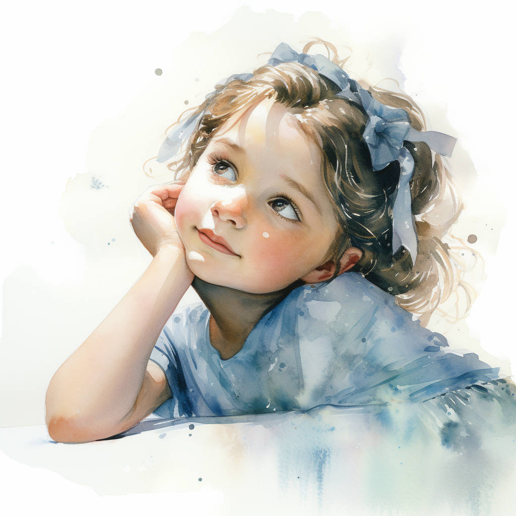 Watercolor portrait of a daydreaming kindergarten girl