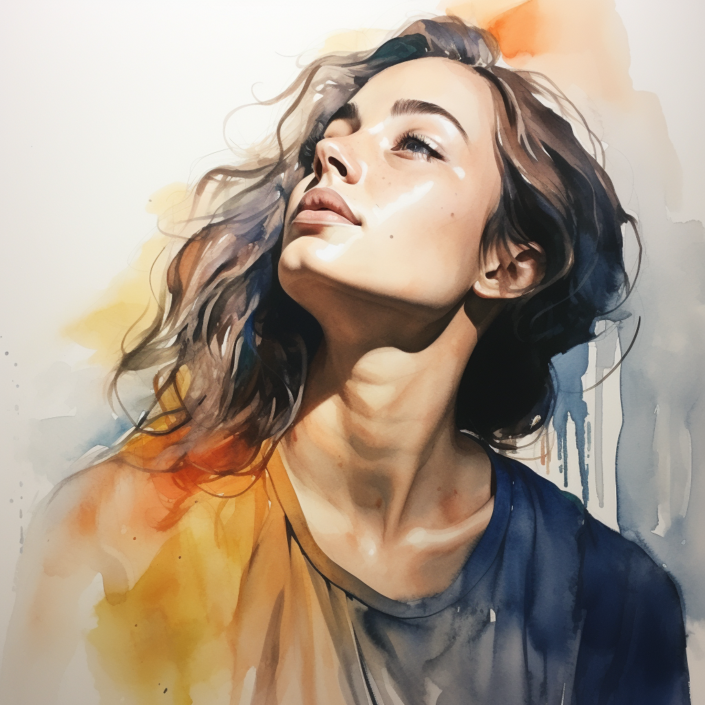 Watercolor portrait of daydreaming woman