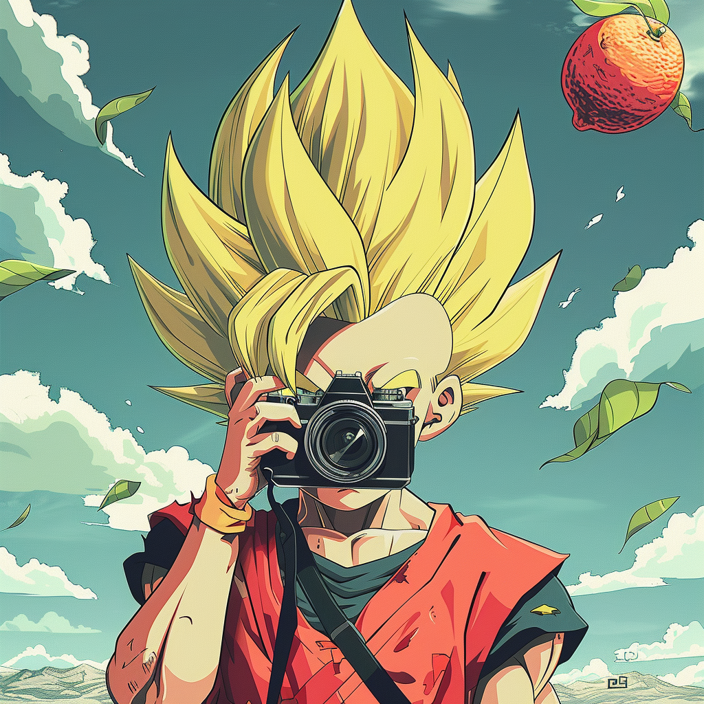 Anime character with lemon head holding camera