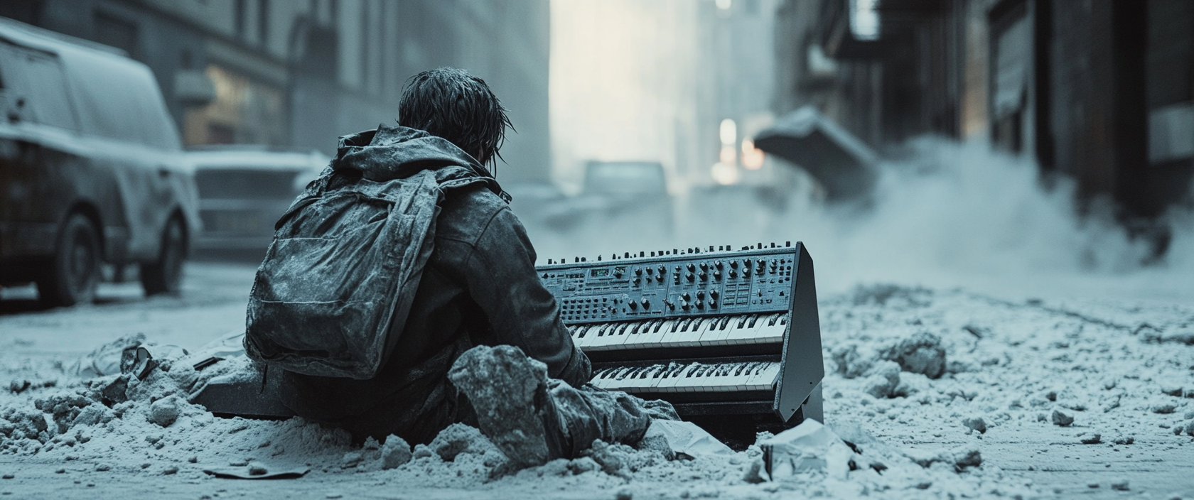 Synthesizer player covered in ashes