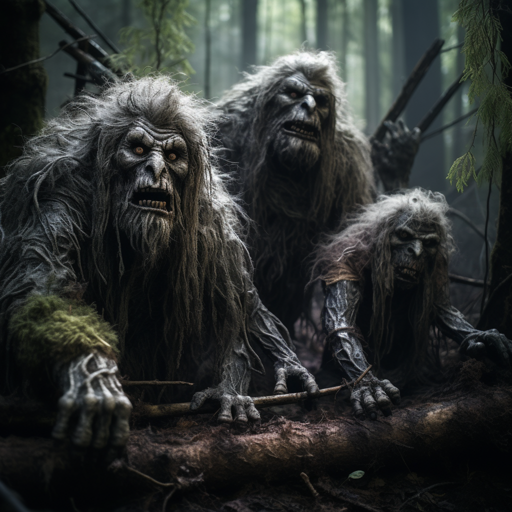 Three hairy trolls in dark forest