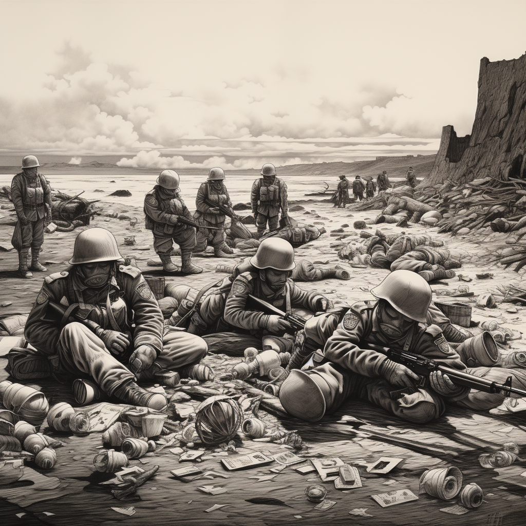 World War 2 soldiers on beach with red teddy bear