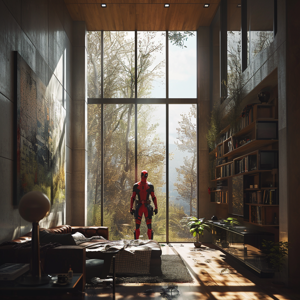 Deadpool looking out house windows