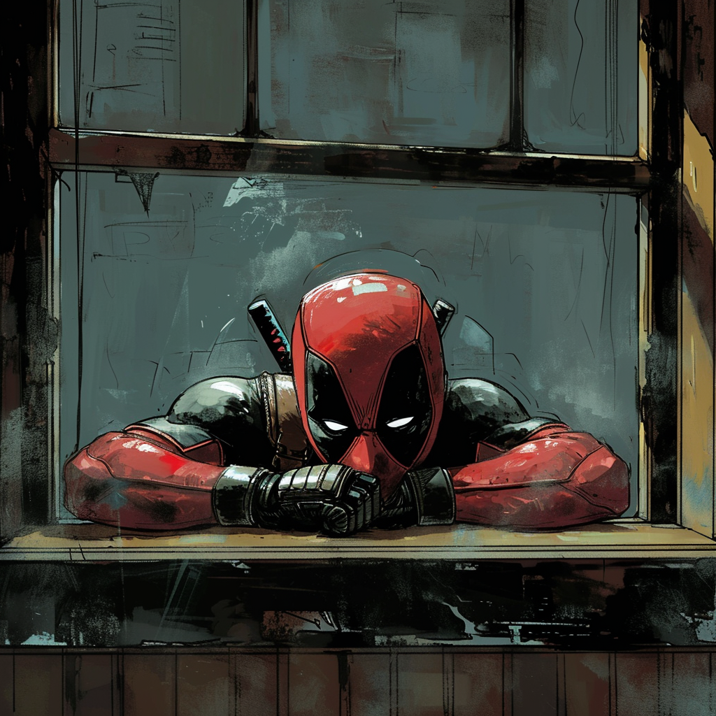 Deadpool lying on glass in house