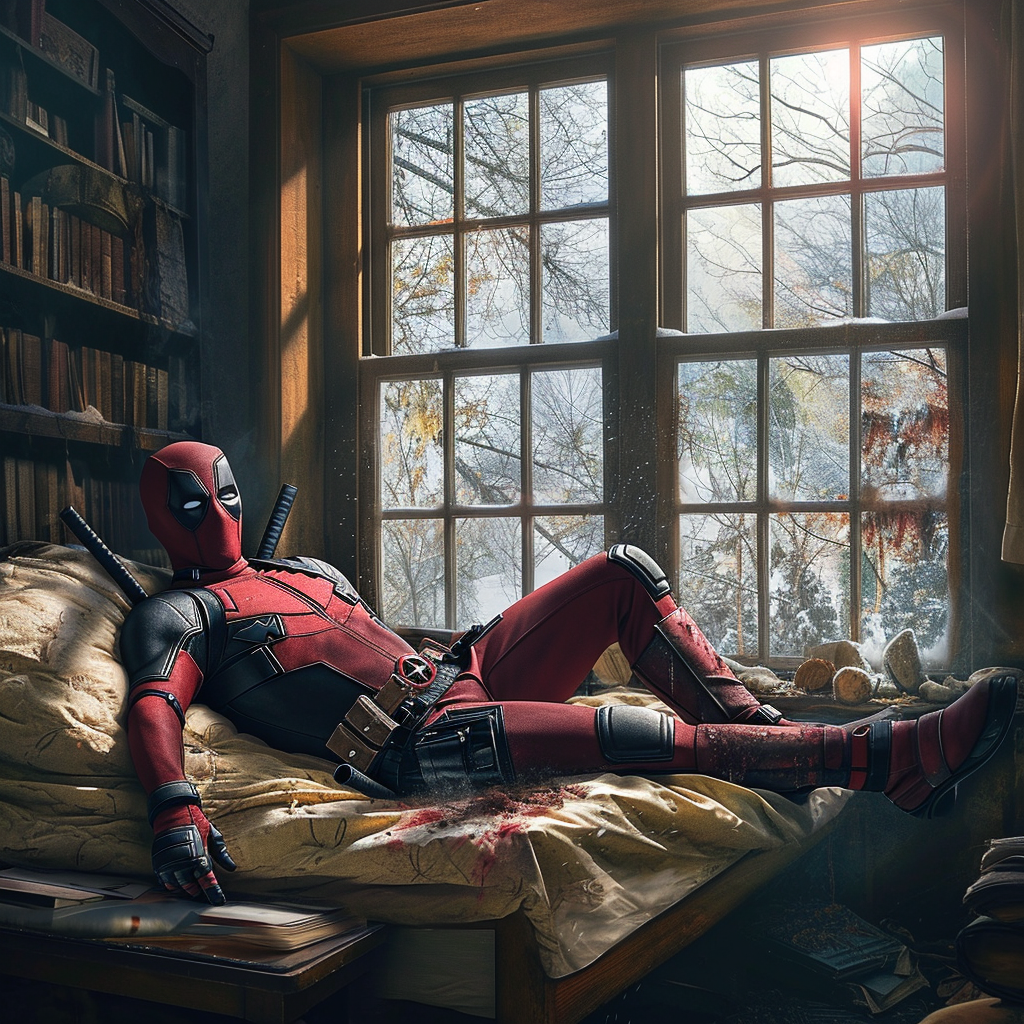 Deadpool lying outside floor-to-ceiling window