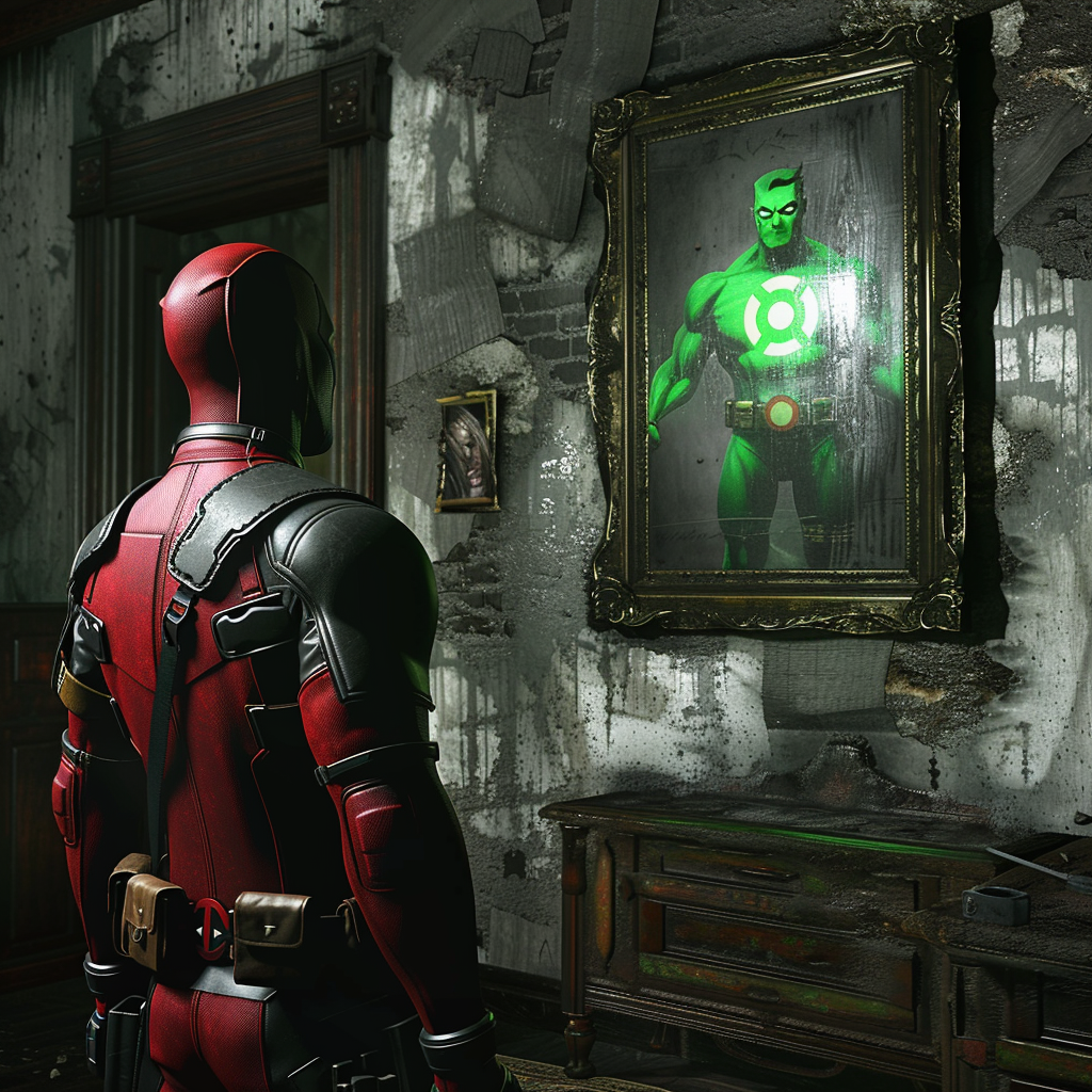 Deadpool looking at Green Lantern picture