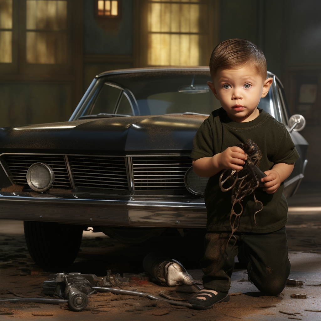 One year old Dean Winchester holding a wrench