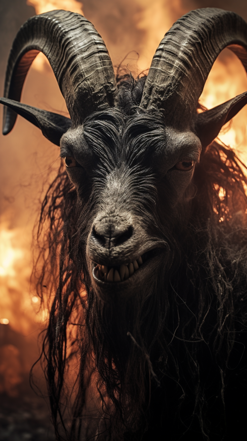 Death metal horned black goat with intense expression