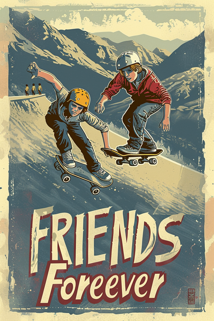 Boys skateboarding vintage travel poster