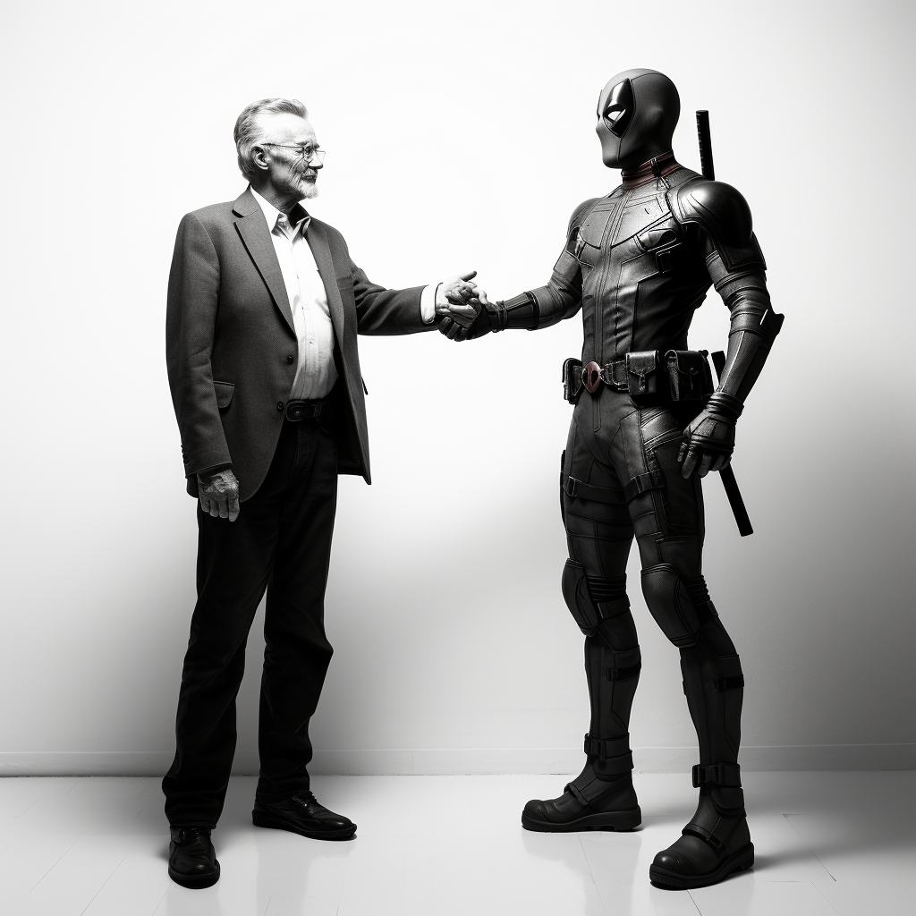 Deathpool shaking hands with Stan Lee