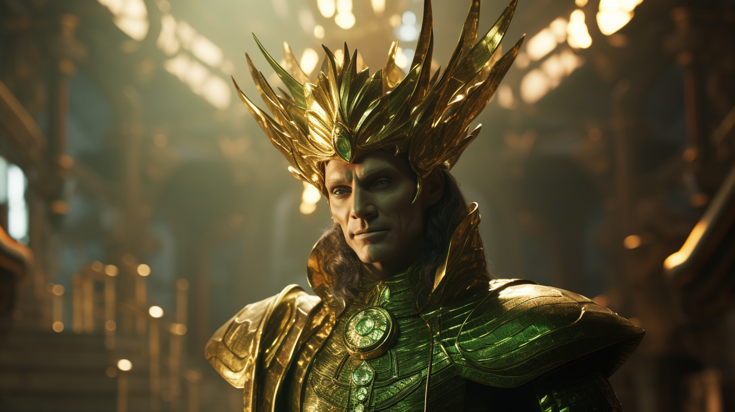 Closeup of a decadent futuristic king in green and gold