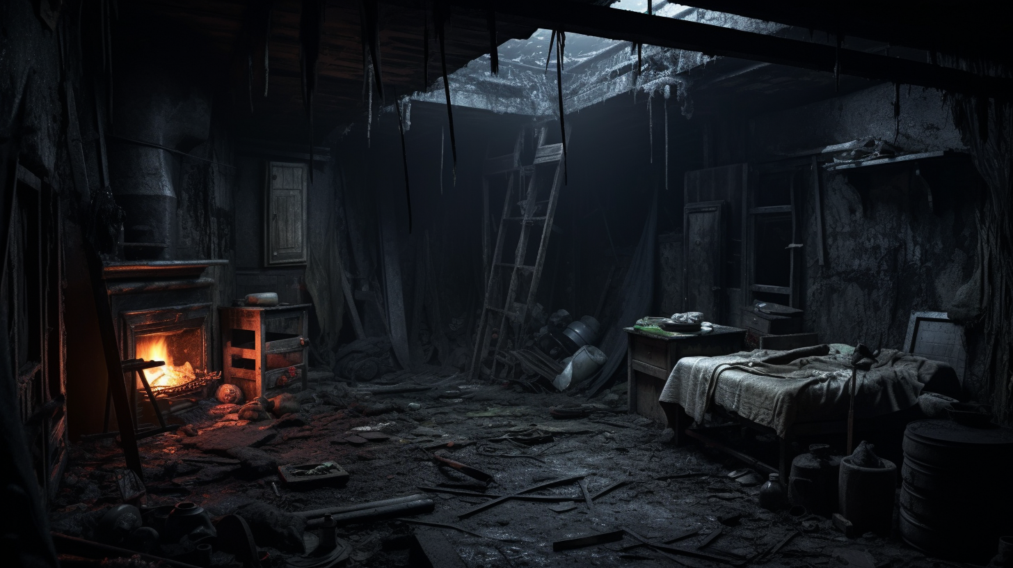 Decay dilapidated house in post-apocalyptic darkness