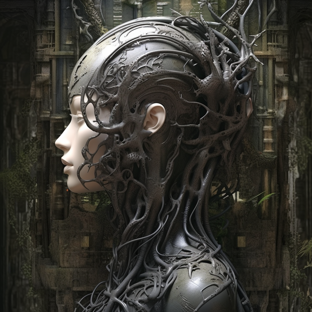 Mysterious decaying beauty in Giger-inspired artwork