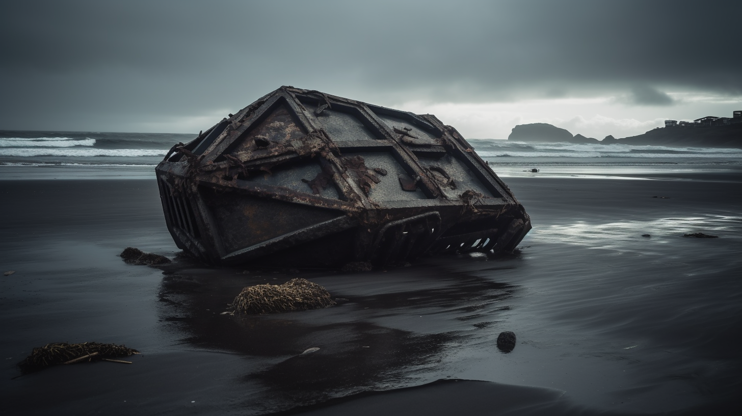 Decaying geometric alien artifact on Pacific Northwest beach