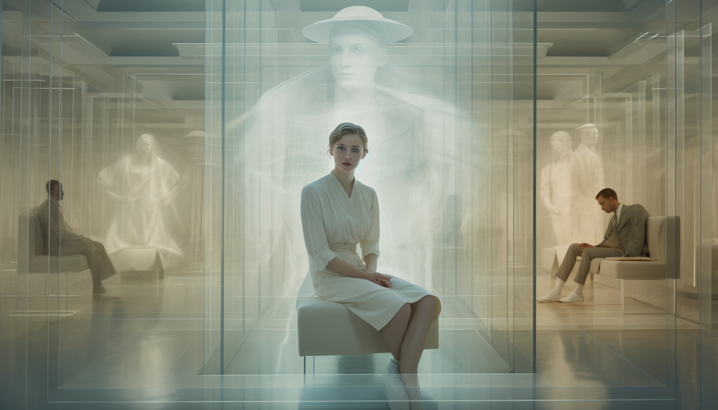 Woman enclosed in frosted glass cube in Art Deco hospital