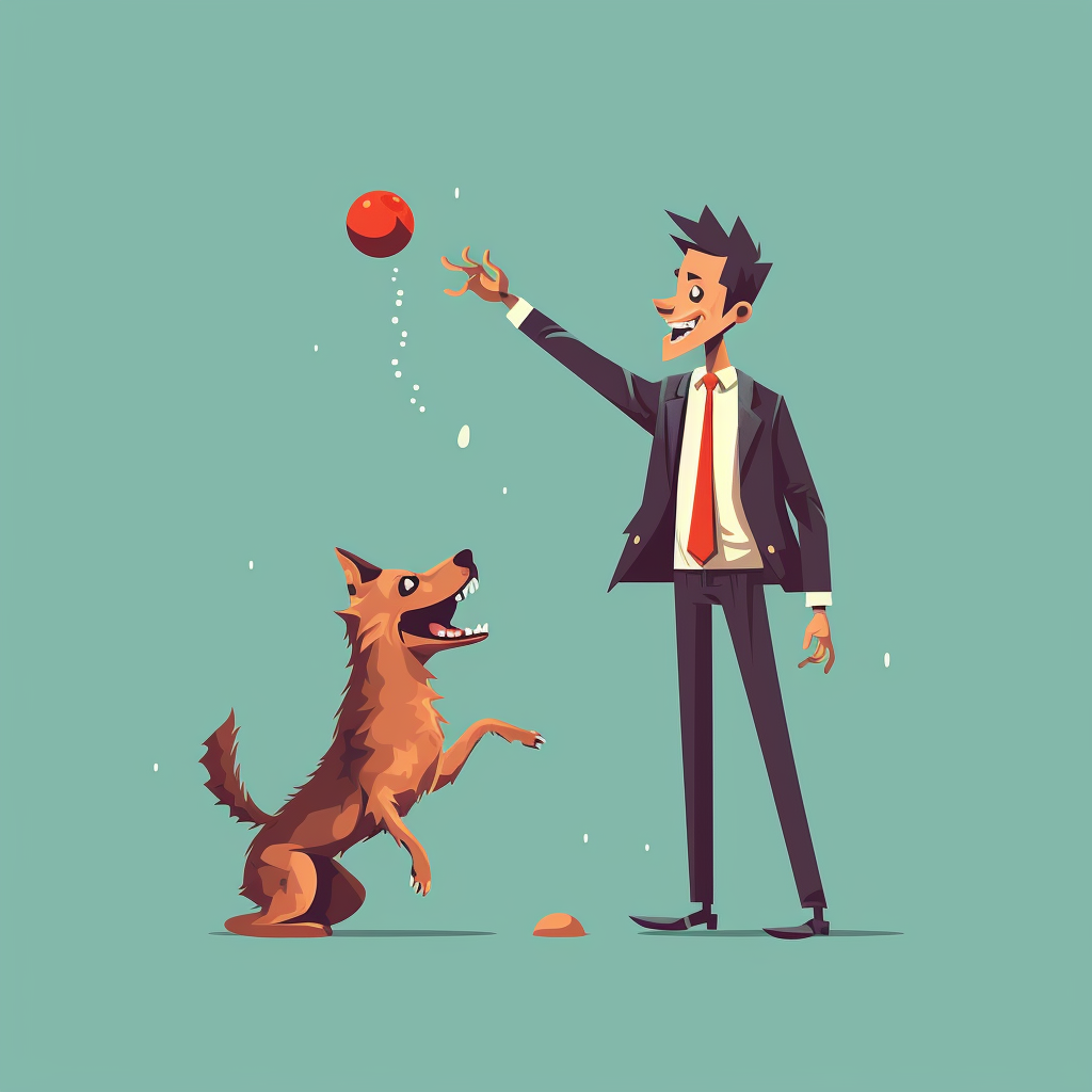 Grotesque zombie man playing fetch with cute living dog