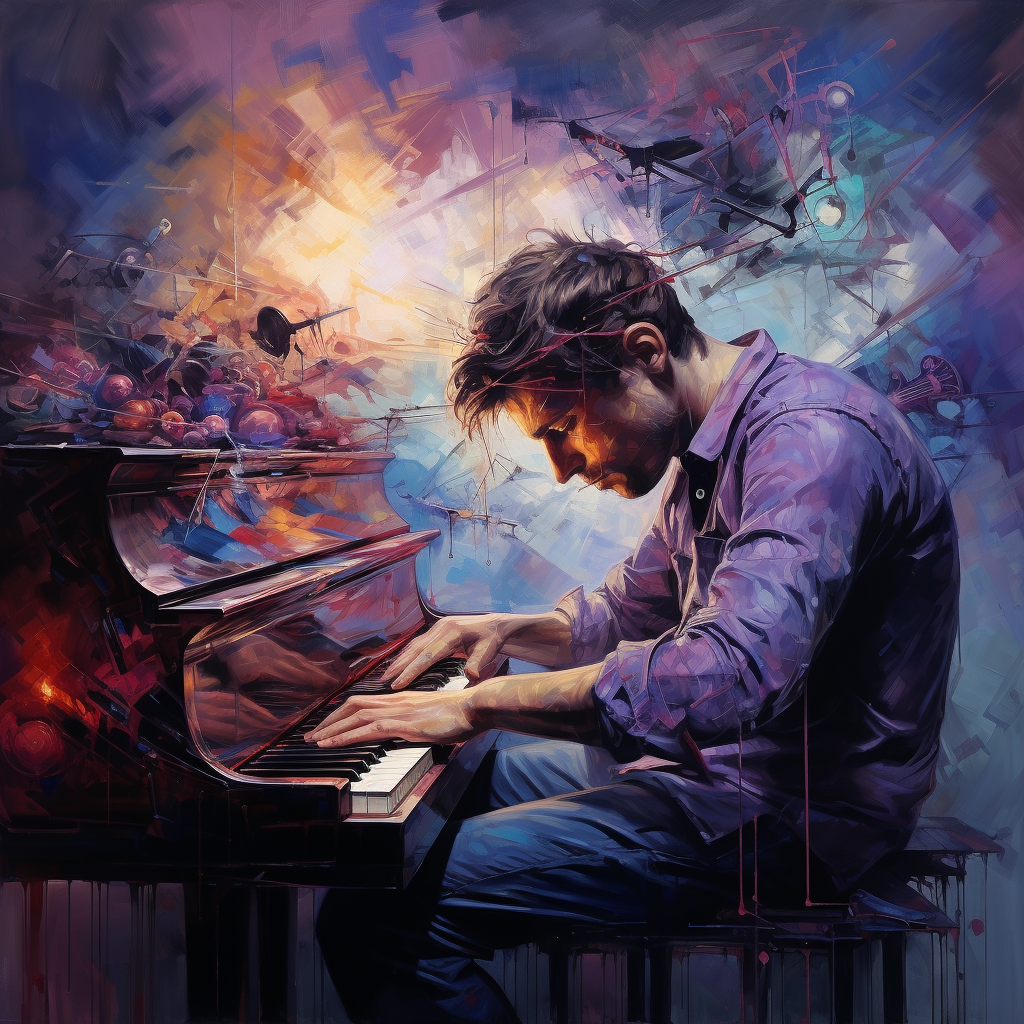 Man playing piano in deep jewel tones