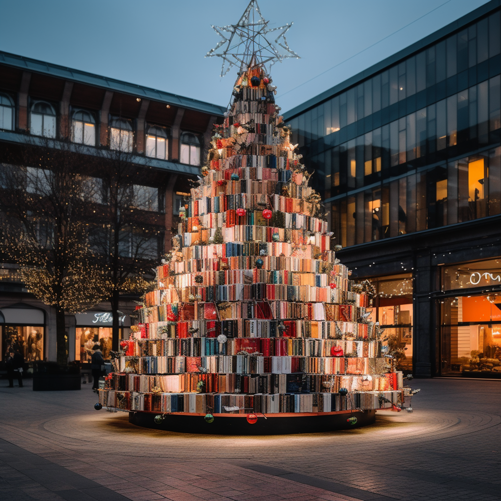 Beautiful Christmas tree decorated with books